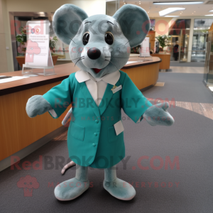 Teal Mouse mascot costume character dressed with a Shift Dress and Cufflinks