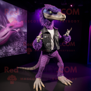 Purple Deinonychus mascot costume character dressed with a Skinny Jeans and Brooches