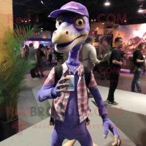 Purple Deinonychus mascot costume character dressed with a Skinny Jeans and Brooches