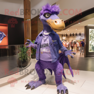 Purple Deinonychus mascot costume character dressed with a Skinny Jeans and Brooches