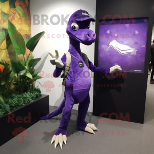 Purple Deinonychus mascot costume character dressed with a Skinny Jeans and Brooches