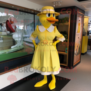Lemon Yellow Duck mascot costume character dressed with a Shift Dress and Belts