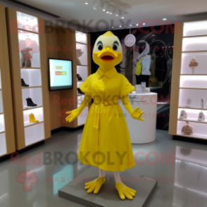 Lemon Yellow Duck mascot costume character dressed with a Shift Dress and Belts