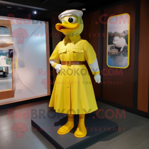 Lemon Yellow Duck mascot costume character dressed with a Shift Dress and Belts