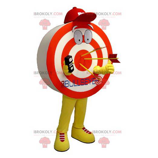 Mascote em forma de um alvo gigante vermelho amarelo e branco -