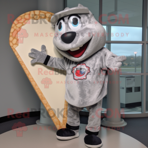 Gray Pizza Slice mascot costume character dressed with a Baseball Tee and Mittens