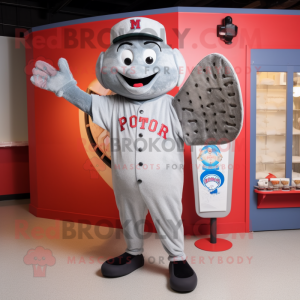 Gray Pizza Slice mascot costume character dressed with a Baseball Tee and Mittens