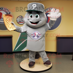 Gray Pizza Slice mascot costume character dressed with a Baseball Tee and Mittens