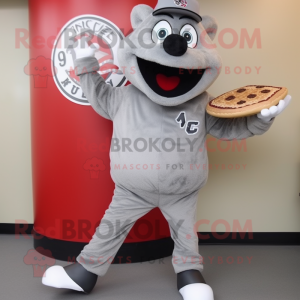 Gray Pizza Slice mascot costume character dressed with a Baseball Tee and Mittens