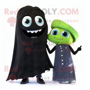 Black Celery mascot costume character dressed with a Boyfriend Jeans and Scarves