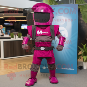 Magenta Spartan Soldier mascot costume character dressed with a Bermuda Shorts and Beanies