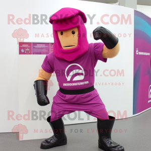 Magenta Spartan Soldier mascot costume character dressed with a Bermuda Shorts and Beanies