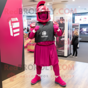 Magenta Spartan Soldier mascot costume character dressed with a Bermuda Shorts and Beanies