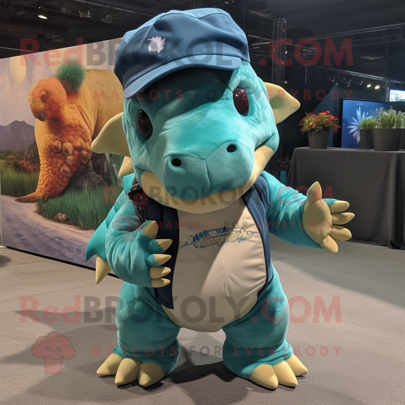 Teal Ankylosaurus mascot costume character dressed with a Cargo Shorts and Beanies Teal Ankylosaurus mascot costume character dressed with a Cargo Shorts and Beanies
