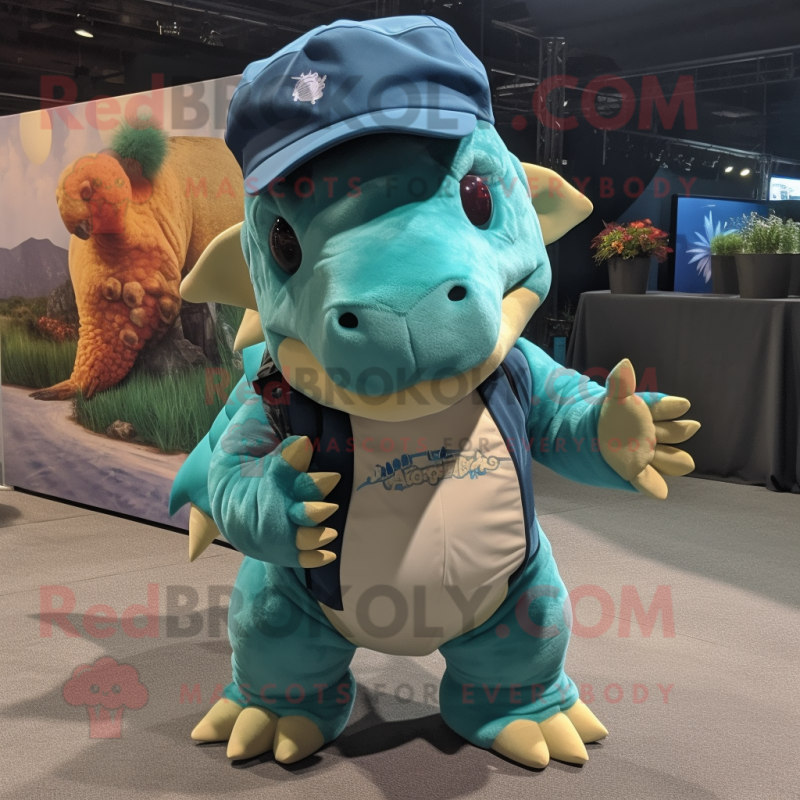 Teal Ankylosaurus mascot costume character dressed with a Cargo Shorts and Beanies