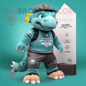 Personaje de disfraz de mascota Teal Ankylosaurus vestido con pantalones cortos y gorros Cargo