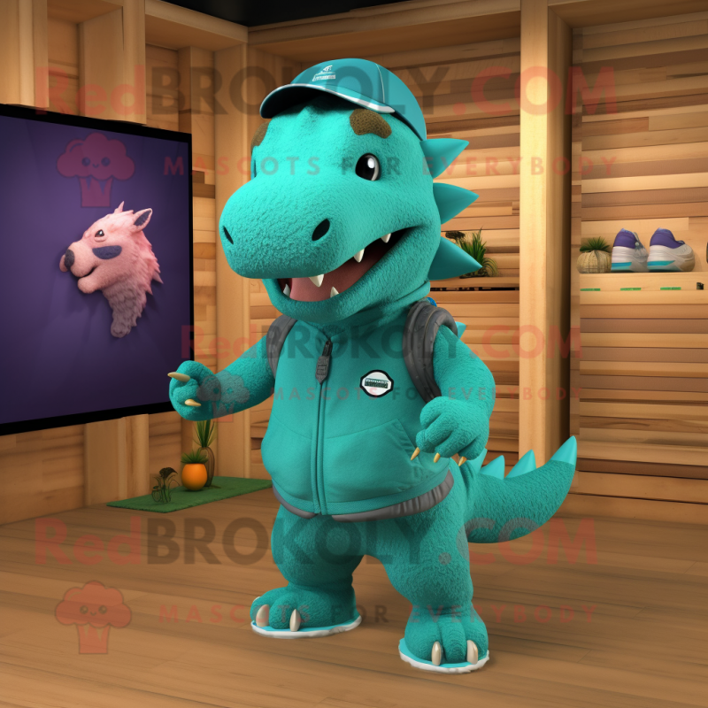 Teal Ankylosaurus mascot costume character dressed with a Cargo Shorts and Beanies