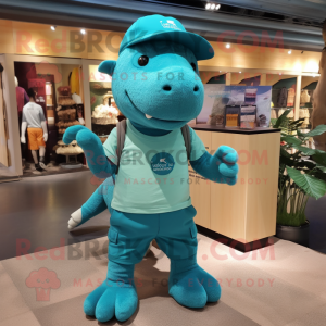 Teal Ankylosaurus mascot costume character dressed with a Cargo Shorts and Beanies