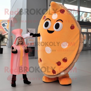 Peach Pizza Slice mascot costume character dressed with a Wrap Dress and Mittens