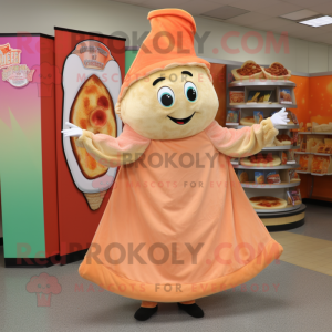 Peach Pizza Slice mascot costume character dressed with a Wrap Dress and Mittens