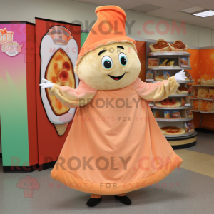 Peach Pizza Slice maskot kostume karakter klædt med omslagskjole og vanter