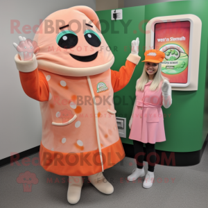 Peach Pizza Slice mascot costume character dressed with a Wrap Dress and Mittens