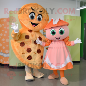 Peach Pizza Slice mascot costume character dressed with a Wrap Dress and Mittens