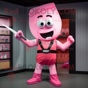 Pink Knife Thrower mascot costume character dressed with a T-Shirt and Bow ties