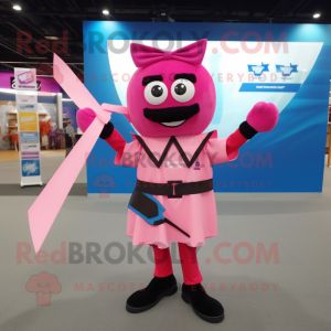 Pink Knife Thrower mascot costume character dressed with a T-Shirt and Bow ties