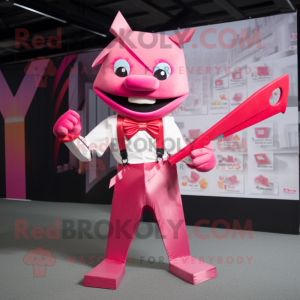 Personaje de disfraz de mascota Pink Knife Thrower vestido con una camiseta y pajaritas