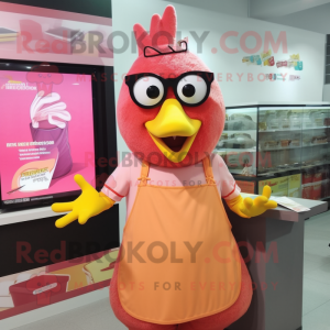 Pink Butter Chicken mascot costume character dressed with a A-Line Dress and Eyeglasses
