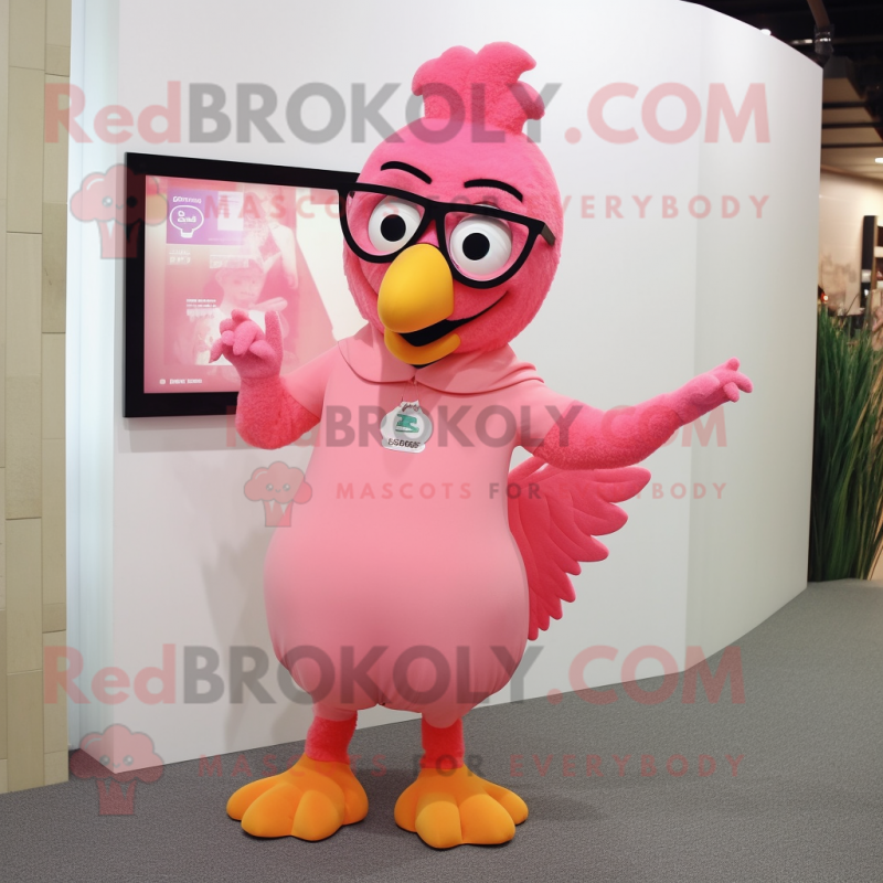 Pink Butter Chicken mascot costume character dressed with a A-Line Dress and Eyeglasses