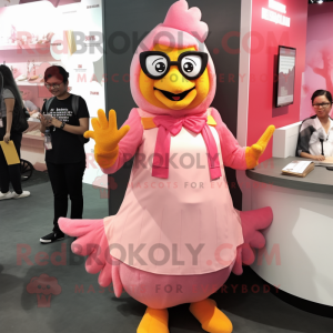 Personaje de disfraz de mascota Pink Butter Chicken vestido con un vestido de línea A y anteojos