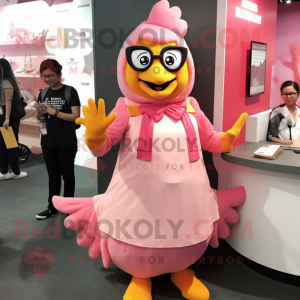 Pink Butter Chicken mascot costume character dressed with a A-Line Dress and Eyeglasses