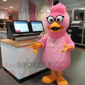 Pink Butter Chicken mascot costume character dressed with a A-Line Dress and Eyeglasses
