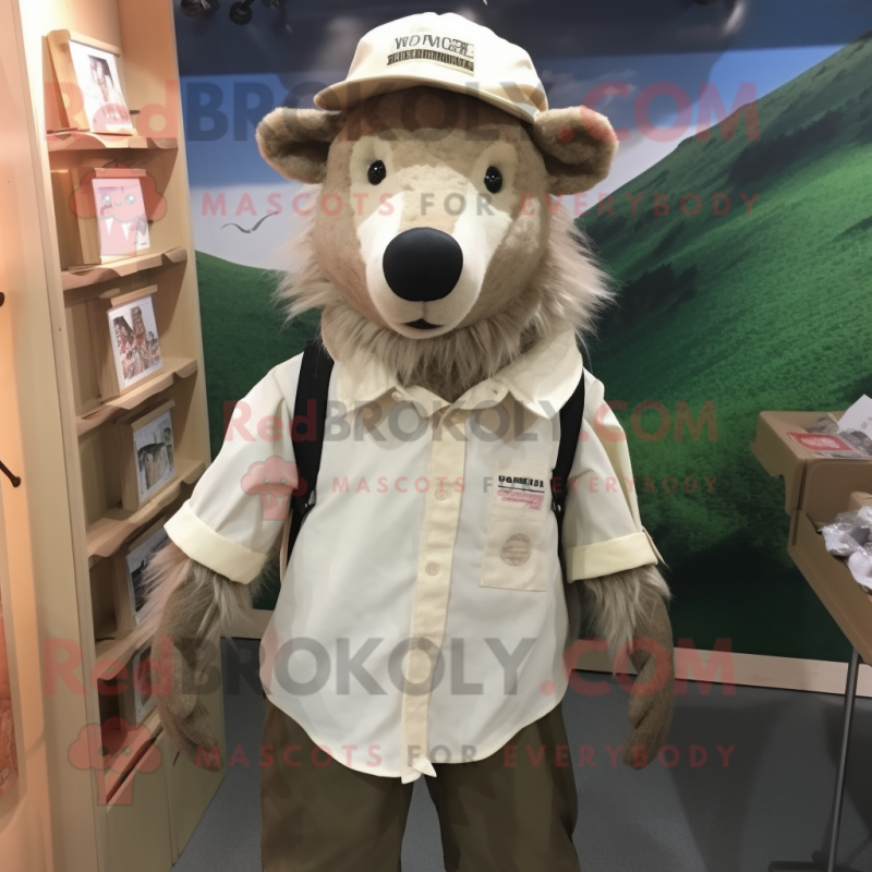 Beige Wild Boar mascot costume character dressed with a Poplin Shirt and Caps Beige Wild Boar mascot costume character dressed with a Poplin Shirt and Caps