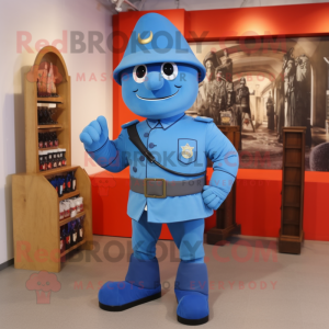 Personaje de traje de mascota de soldado del ejército azul vestido con un chaleco y clips para zapatos