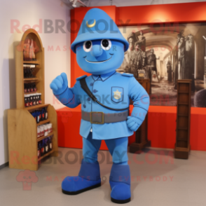 Blue Army Soldier mascot costume character dressed with a Waistcoat and Shoe clips