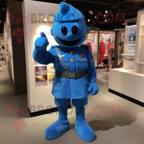 Blue Army Soldier mascot costume character dressed with a Waistcoat and Shoe clips