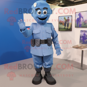 Blue Army Soldier mascot costume character dressed with a Waistcoat and Shoe clips