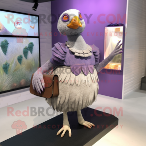 Lavender Guinea Fowl mascot costume character dressed with a Mini Skirt and Clutch bags