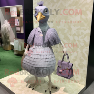 Lavender Guinea Fowl mascot costume character dressed with a Mini Skirt and Clutch bags