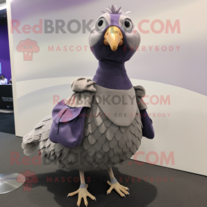 Lavender Guinea Fowl mascot costume character dressed with a Mini Skirt and Clutch bags