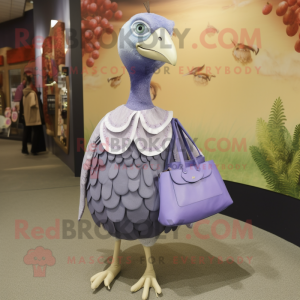 Lavender Guinea Fowl mascot costume character dressed with a Mini Skirt and Clutch bags