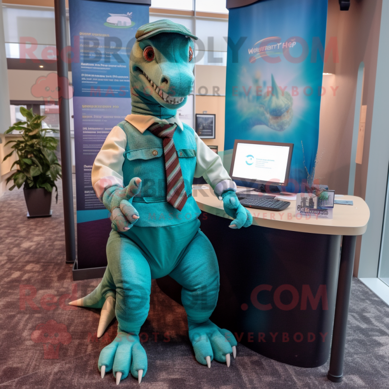 Teal Parasaurolophus mascot costume character dressed with a Button-Up Shirt and Tie pins