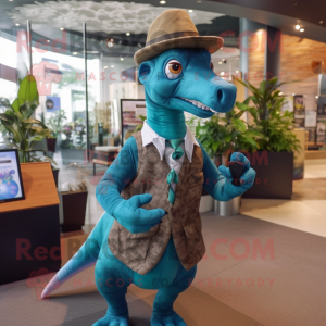 Teal Parasaurolophus mascot costume character dressed with a Button-Up Shirt and Tie pins