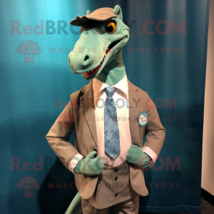 Teal Parasaurolophus mascot costume character dressed with a Button-Up Shirt and Tie pins