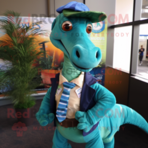 Teal Parasaurolophus mascot costume character dressed with a Button-Up Shirt and Tie pins