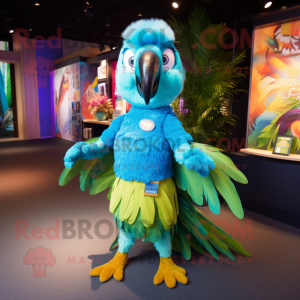 Cyan Macaw mascot costume character dressed with a Mini Skirt and Brooches