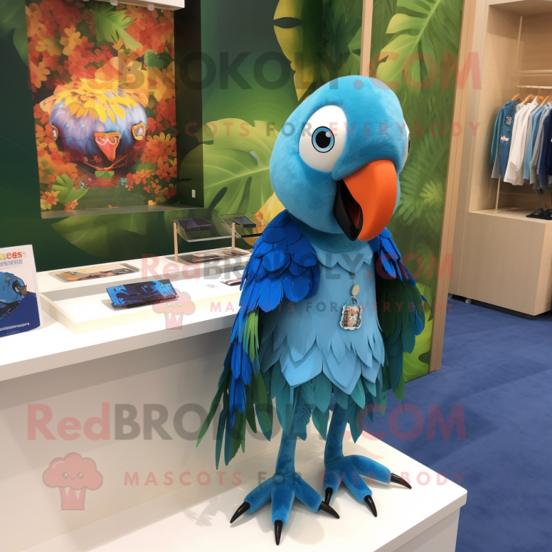 Cyan Macaw mascot costume character dressed with a Mini Skirt and Brooches Cyan Macaw mascot costume character dressed with a Mini Skirt and Brooches